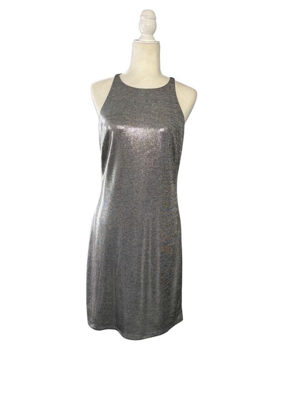 White House Black Market silver metallic sleeveless halter dress - M - Picture 3 of 11